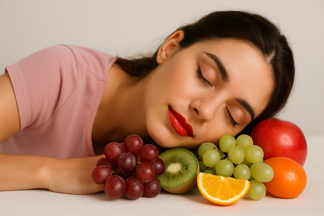 Mujer joven dormida plácidamente junto a frutas ricas en melatonina como uvas, kiwi, naranja y manzana.