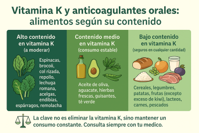 Infografía sobre alimentos clasificados según su contenido en vitamina K para pacientes en tratamiento con anticoagulantes orales.