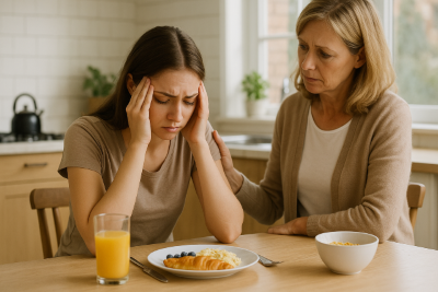 Joven de unos 20 años, con peso normal, se sienta angustiada frente al desayuno mientras su madre la consuela con una mano en el hombro.