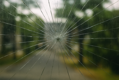 Vidrio de una ventana roto con grietas radiales que forman un patrón similar a una telaraña, con un fondo urbano y vegetal desenfocado.
