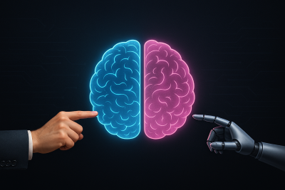 Cerebro holográfico dividido en hemisferio izquierdo azul y derecho rosa, con una mano humana y otra robótica apuntando desde el exterior sin tocarlo, simbolizando lógica y creatividad.