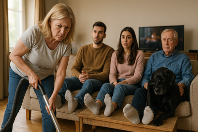 Escena realista en un salón familiar: una mujer mayor pasa la aspiradora con gesto enfadado mientras su familia observa sorprendida desde el sofá con los pies en alto y un perro se tapa los ojos.