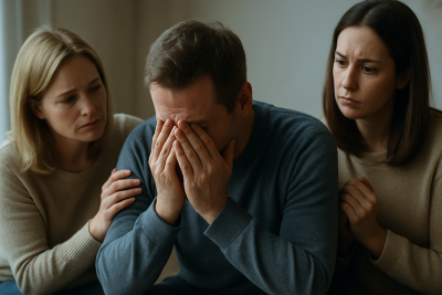 Dos mujeres reconfortan a un hombre angustiado, sentados juntos en un ambiente tenue, mostrando apoyo emocional y empatía.
