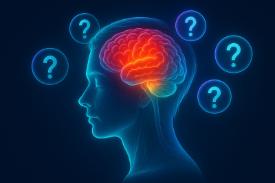 Ilustración holográfica de un perfil humano con el cerebro iluminado y signos de interrogación flotando, simbolizando carga mental y estrés.