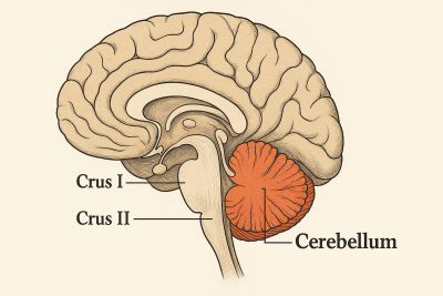 Ilustración didáctica del cerebro en corte sagital con el cerebelo resaltado y señalización de las áreas Crus I y Crus II