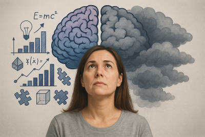Mujer de mediana edad mirando hacia arriba con un cerebro dividido sobre su cabeza, simbolizando pensamiento lógico en un lado y niebla mental en el otro.