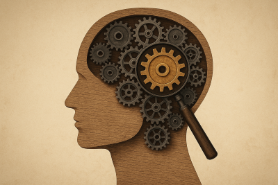 Ilustración conceptual del cerebro humano como un conjunto de engranajes metálicos con un engranaje dorado bajo una lupa.