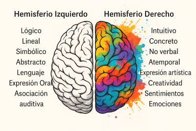 Ilustración comparativa del hemisferio izquierdo y derecho del cerebro con sus funciones cognitivas destacadas en español.