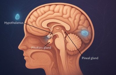 Ilustración lateral del cerebro humano donde se señalan el hipotálamo, la hipófisis y la glándula pineal