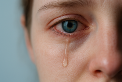 Primer plano de un ojo humano azul con una lágrima naciendo en el lagrimal y deslizándose por la mejilla, transmitiendo tristeza y vulnerabilidad.