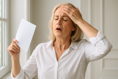 Mujer de mediana edad con sofoco abanicándose con un papel junto a una ventana, con expresión de incomodidad por el calor.