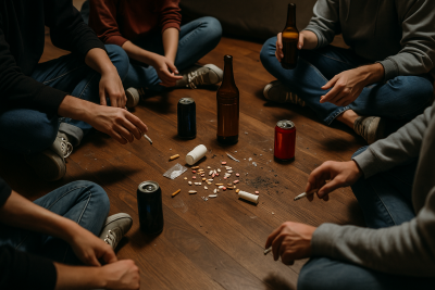 Grupo de personas sentadas en círculo con alcohol y sustancias, representando conductas adictivas y desregulación emocional