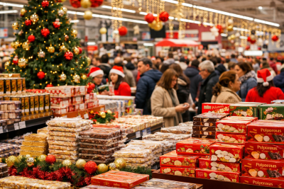 Hipermercado en Navidad con estanterías llenas de turrones y dulces tradicionales y gran afluencia de personas realizando compras navideñas