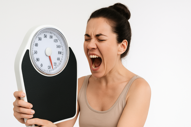 Mujer gritando de frustración mientras sostiene una báscula de baño ligeramente inclinada hacia ella, mostrando el número en el dial.