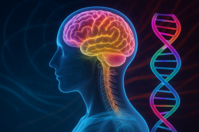 Cerebro humano y ADN representando la influencia genética y el desarrollo temprano en la salud mental