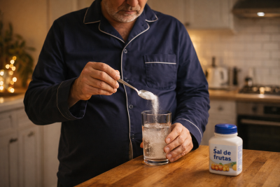 Hombre de mediana edad en pijama preparando un vaso de agua con sal de frutas en la cocina tras una cena copiosa.