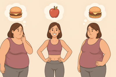 Ilustración de tres figuras femeninas que representan distintos resultados físicos según la elección entre comida saludable y comida rápida