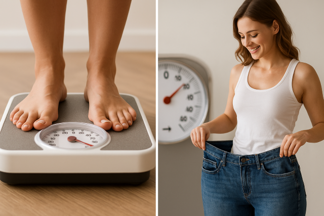 Composición visual de pérdida de peso con pies sobre una báscula y mujer sujetando pantalones grandes.