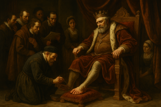 Pintura histórica de un rey con gota recibiendo tratamiento por un boticario arrodillado ante su pie inflamado, rodeado de miembros preocupados de la corte.
