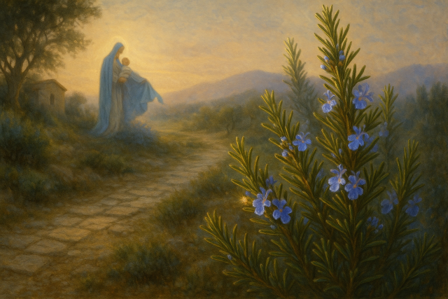 Ilustración artística de un paisaje mediterráneo al amanecer, con un arbusto de romero en primer plano y una figura etérea de María con el niño Jesús al fondo, transmitiendo simbolismo histórico y espiritual.