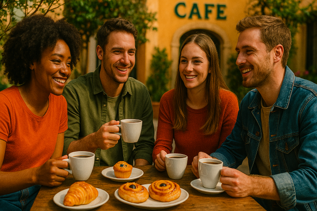 Cuatro amigos millennials disfrutando del desayuno en la terraza de un café pintoresco, con tazas de café y pastelitos sobre la mesa, sonriendo y conversando en un día soleado.