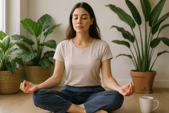 Mujer joven meditando en postura de loto, rodeada de plantas de interior, con una taza de té humeante a su lado, iluminada por luz natural en un ambiente sereno.