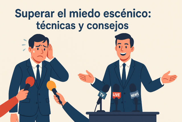 Ilustración vectorial en estilo plano de dos hombres con traje, uno nervioso y otro confiado, con micrófonos frente a ellos, representando el miedo escénico y su superación.