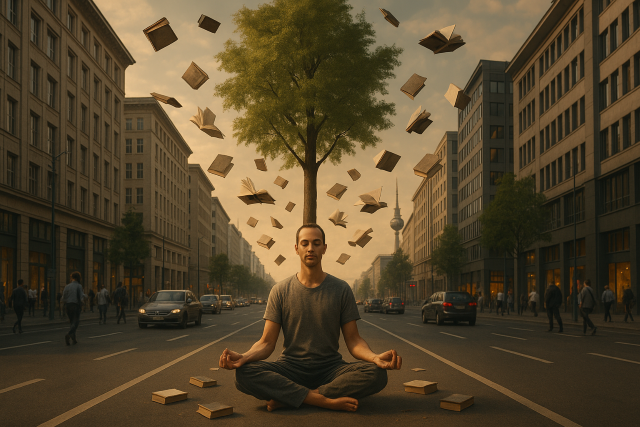 Hombre meditando en el centro de una calle urbana de Berlín, con un árbol creciendo sobre él y libros flotando a su alrededor, mientras la ciudad sigue su curso.