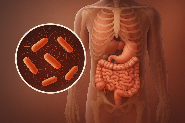 Ilustración médica del aparato digestivo humano con un primer plano de bacterias intestinales tipo bacilos.