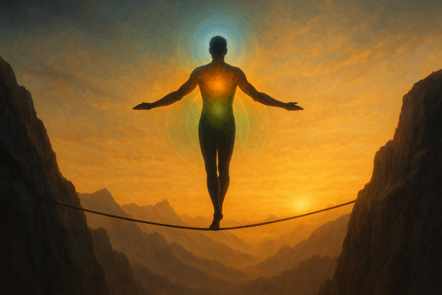 Persona en equilibrio sobre una cuerda floja entre dos montañas al amanecer, con tres auras de colores simbolizando descanso, energía y equilibrio.