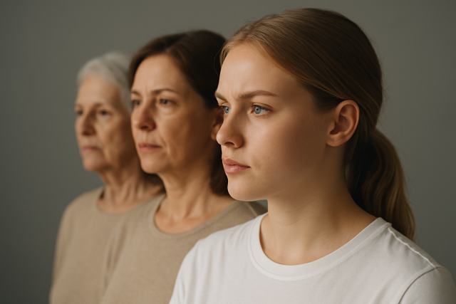 Tres mujeres de diferentes generaciones alineadas de perfil, mirando hacia el futuro con expresión seria.