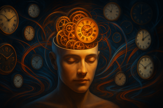 Cabeza humana con engranajes y relojes flotantes representando el ritmo circadiano y la percepción del tiempo.