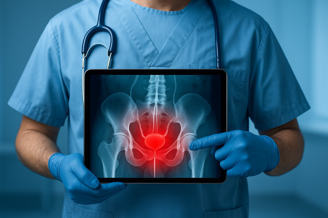 Médico con bata azul y guantes sosteniendo una tableta que muestra una radiografía de pelvis con vejiga, uréteres y próstata hipertrofiada resaltados en rojo.