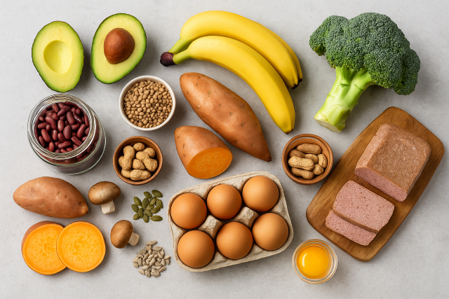 Variedad de alimentos ricos en proteínas y nutrientes, incluyendo aguacates, plátanos, batatas, brócoli, frijoles, lentejas, cacahuetes, semillas, huevos y paté, dispuestos sobre una superficie de piedra clara.