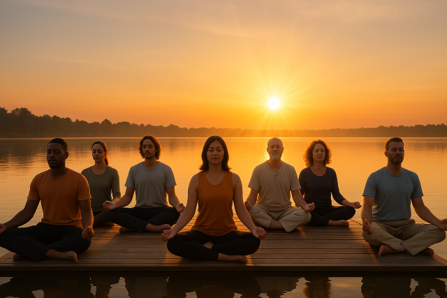 Grupo diverso de personas meditando en una plataforma flotante sobre un lago tranquilo al atardecer, con un resplandor solar en el horizonte.