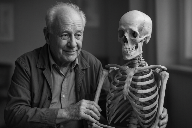 Moshé Feldenkrais mayor interactúa con un esqueleto anatómico; retrato en blanco y negro, expresión amable e irónica.