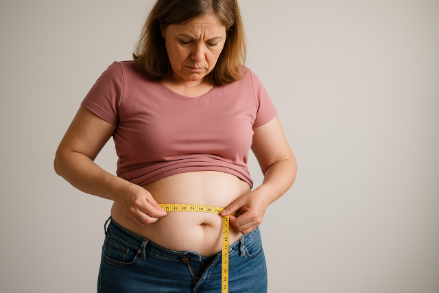 Mujer de mediana edad mide su abdomen prominente con una cinta métrica amarilla, camiseta rosa y vaqueros desabrochados, gesto de preocupación.