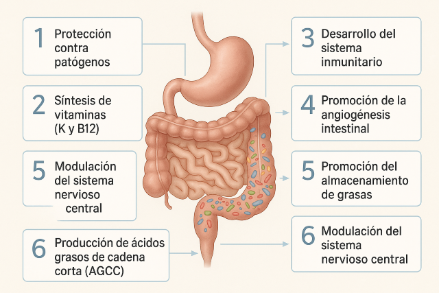 Diagrama médico del sistema digestivo con bacterias intestinales y siete funciones de la microbiota representadas en recuadros en español.