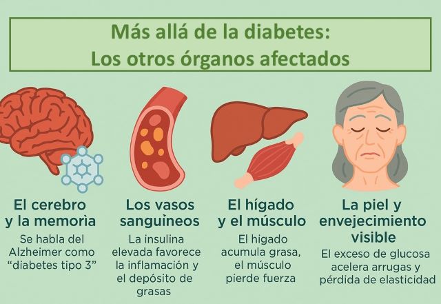 Infografía sobre los órganos afectados por la resistencia a la insulina más allá de la diabetes: cerebro, vasos sanguíneos, hígado, músculos y piel.