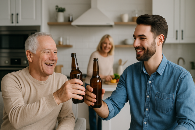 Padre e hijo brindando con botellas de cerveza en una cocina moderna, mientras la madre sonríe al fondo preparando comida.