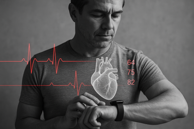 Hombre revisando su frecuencia cardíaca en un reloj inteligente con holograma del corazón y electrocardiogramas superpuestos.