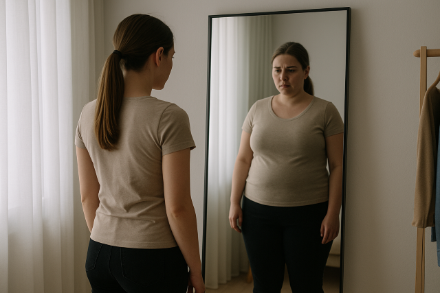 Mujer joven de complexión normal se observa en un espejo donde su reflejo aparece con sobrepeso, simbolizando la distorsión de la imagen corporal.