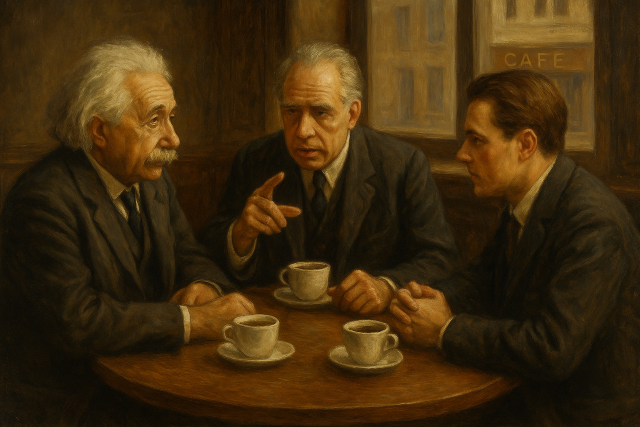 Albert Einstein, Niels Bohr y Werner Heisenberg discuten seriamente en un café de época, sentados alrededor de una mesa con tazas de café, en una pintura al óleo clásica.