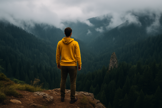 Hombre con sudadera amarilla contemplando un paisaje montañoso y brumoso desde un acantilado.