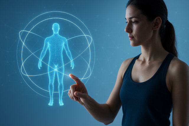 Mujer interactuando con un holograma digital de un cuerpo humano dentro de una esfera luminosa, símbolo de la conexión entre tecnología y salud.