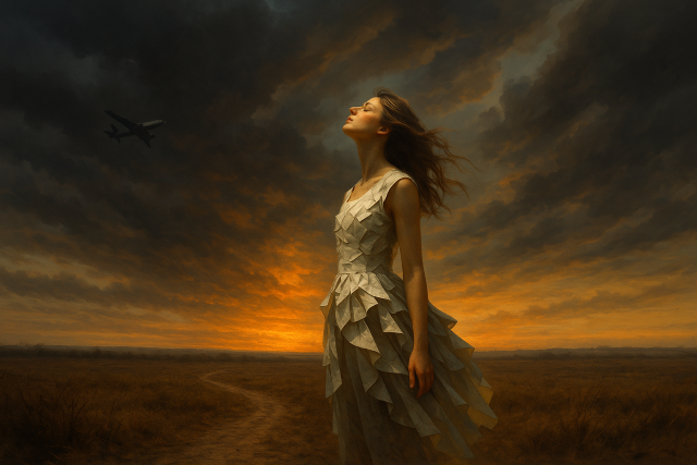 Mujer en un paisaje desolado mirando al cielo, con un vestido de papel y un avión en la distancia, transmitiendo esperanza y liberación.