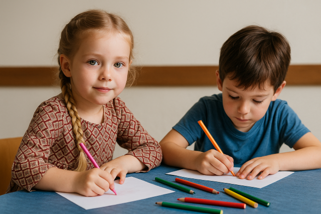Dos niños pequeños dibujando juntos en una mesa, concentrados y tranquilos, representando creatividad y diversidad en la infancia.