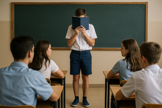 Adolescente tímido de pie frente a la clase cubriéndose la cara con un libro mientras los compañeros lo observan en un aula escolar.