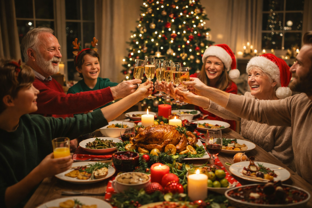 Familia reunida alrededor de una mesa navideña brindando durante la cena de Navidad, con adultos y niños compartiendo comida y bebidas en un ambiente festivo