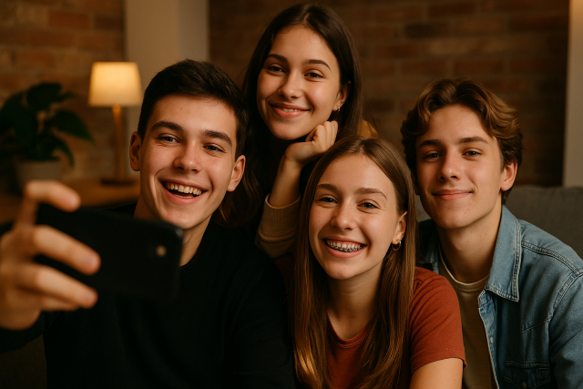Grupo de adolescentes sonrientes tomando una selfie en un entorno acogedor, reflejando bienestar emocional y relaciones saludables